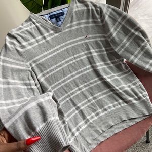 Tommy Hilfiger Grey and White Striped Sweater